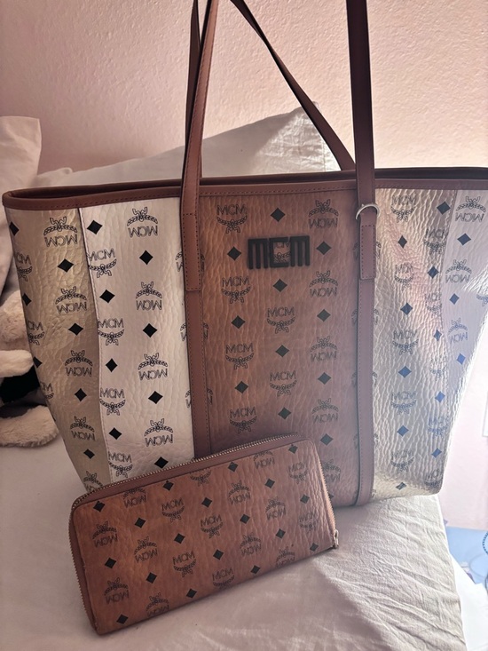 MCM Handbags - MCM Cognac and Ivory Visetos Large Tote with Matching Zip Wallet